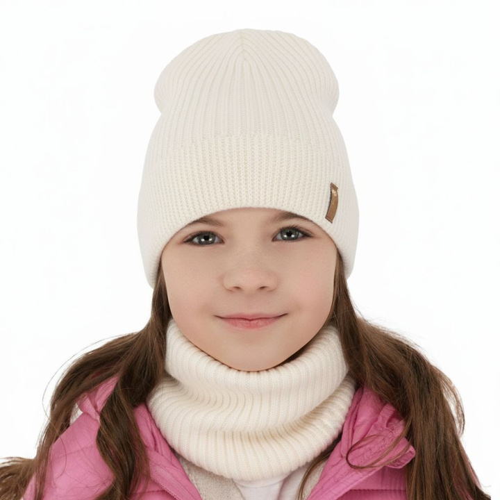 Pige efterår/forår sæt: hue og halsvarmer, cremefarvet, med merinould, Chelsie