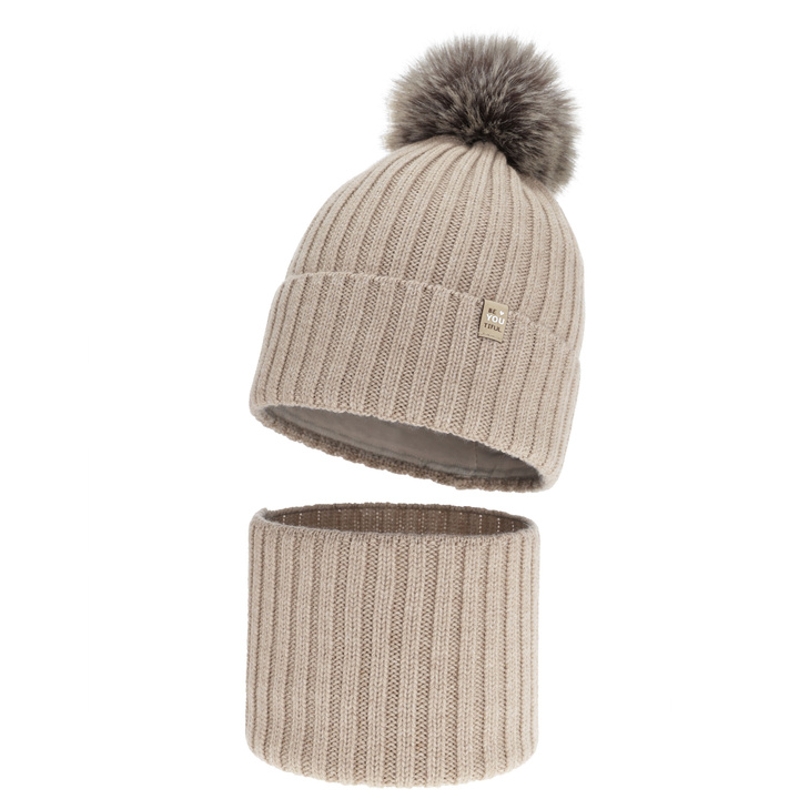 Pige vintersæt: hue og halsvarmer, beige, 100% Merino Uld, foret med bomuld, med pompon, Terida