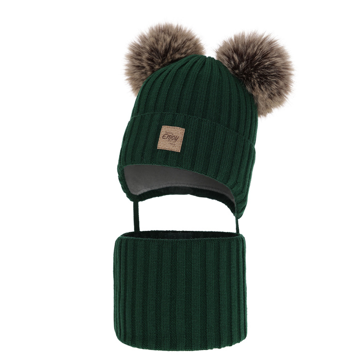 Dreng vintersæt: hue og halsedisse, grøn, med to pomponer, med bindebånd, Orange