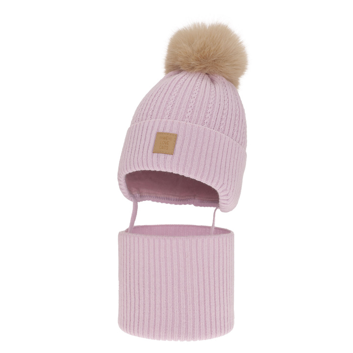 Pige vintersæt: hue og halsvarmer, lilla, med garn pompon, Betty