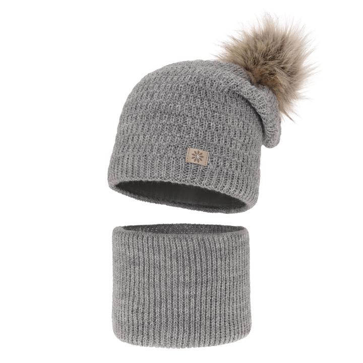 Pige vintersæt: hue og halsrør, grå, med garn pompon, Germina