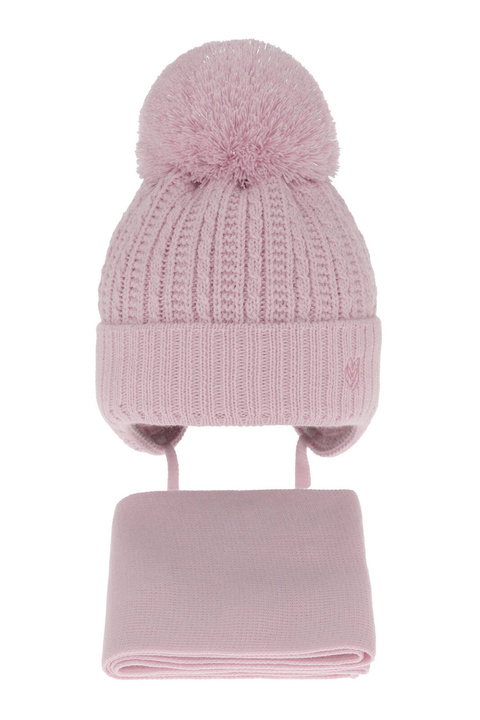 Pige vintersæt: hue og tørklæde, lilla, med bindebånd, med garn pompon, Marisa