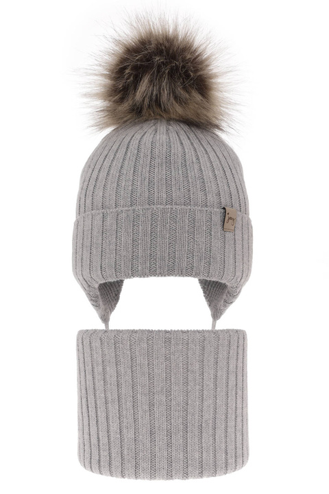 Pige vintersæt: hue og halsvarmer, grå, med merinould, med bindebånd, Junika