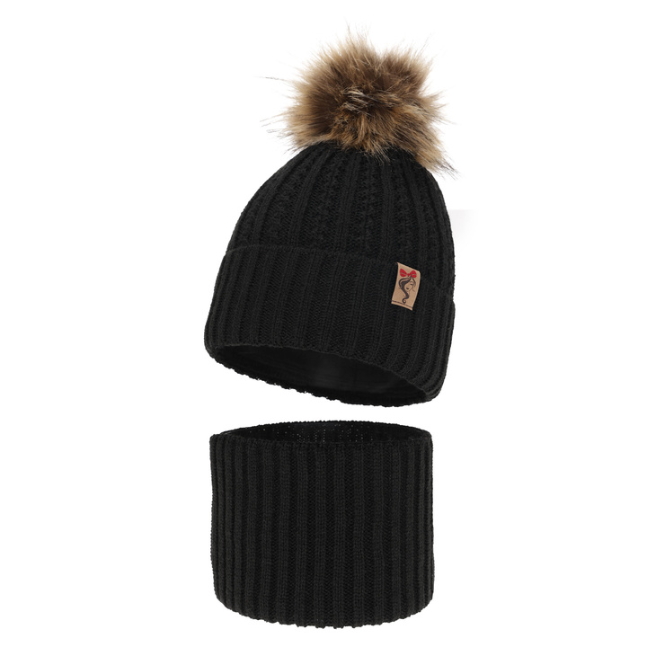 Pige vintersæt: hue og halsedisse, sort, med garn pompon, Larina