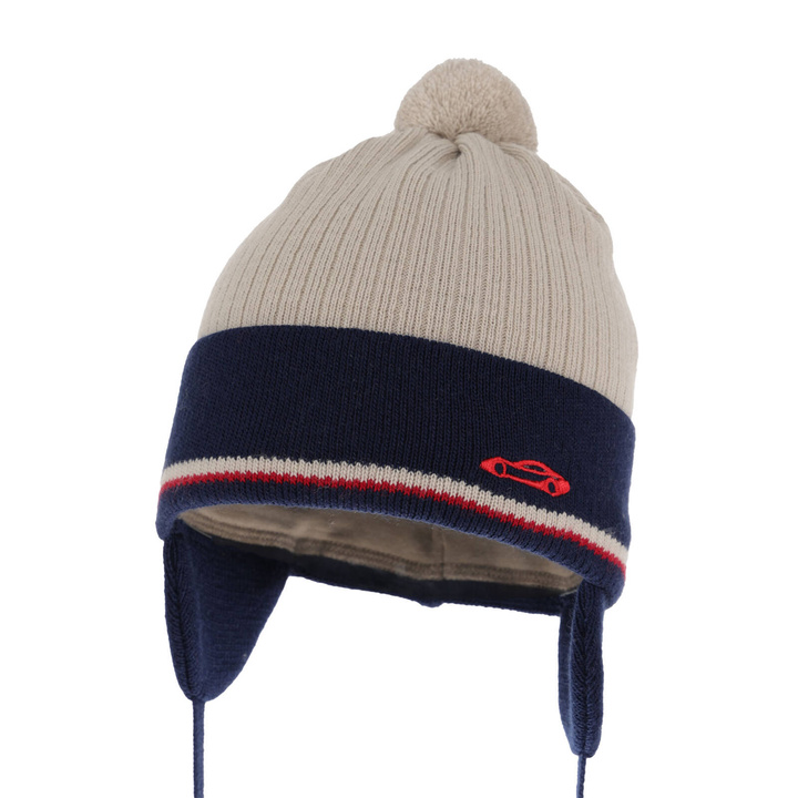 Dreng efterår/forår hue, beige, med bindebånd, med garn pompon, Jacob