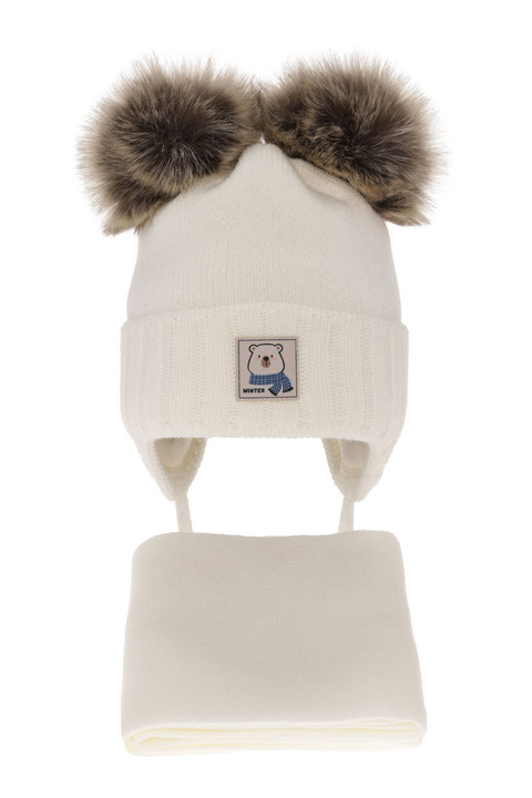 Dreng vintersæt: hue og tørklæde, cremefarvet, med to pomponer (garn), med bindebånd, Jewel