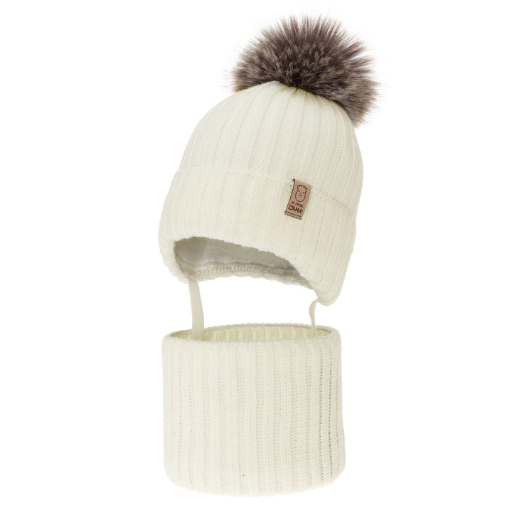 Pige vintersæt: hue og halsrør, cremefarvet, med garn pompon, Abigail