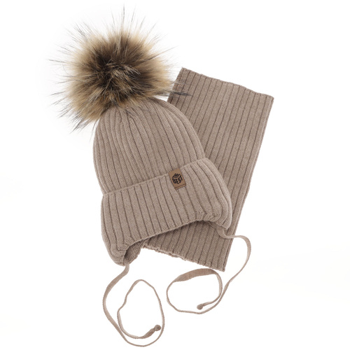 Dreng vintersæt: hue og halsrør, beige, med bindebånd, 100% Merino Uld, Juno