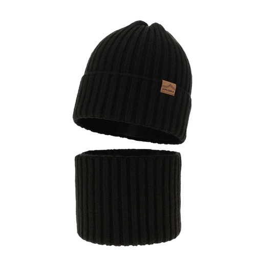 Dreng vintersæt: hue og halsvarmer, sort, med merinould, Karmin