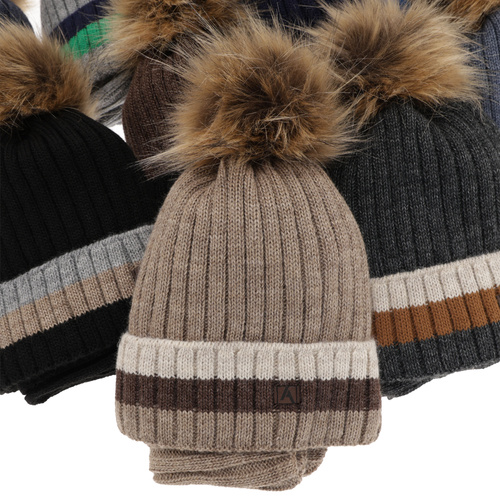 Dreng vintersæt: hue og halsrør, beige, med garn pompon, foret med fleece, Beno