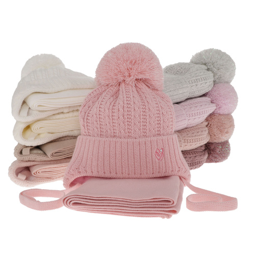 Pige vintersæt: hue og tørklæde, beige, med bindebånd, med garn pompon, Marisa