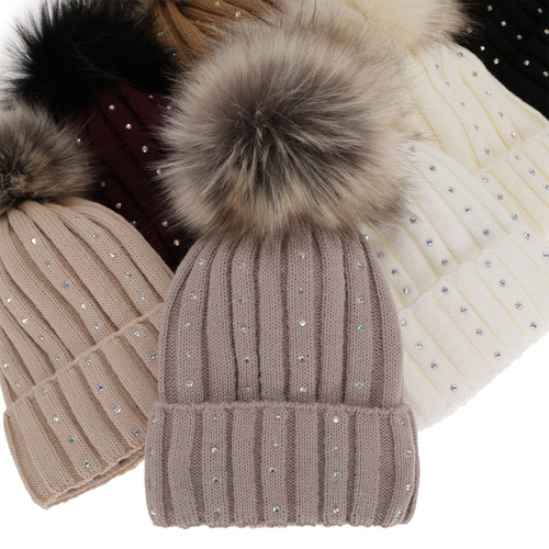 Dame vinterhue, vinter, bordowa, med garn pompon, Mada