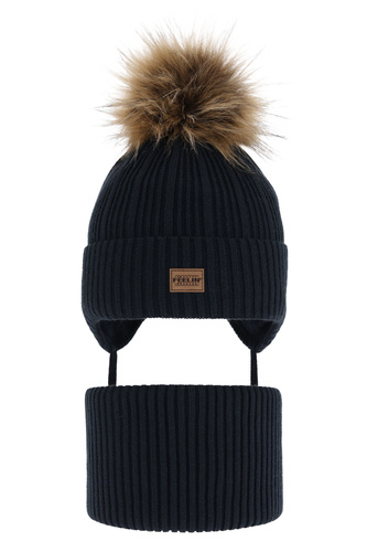 Dreng vintersæt: hue og halsedisse, blå, med garn pompon, Eger