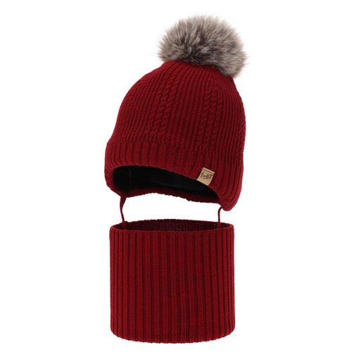 Dreng hue og halsedisse, vinter sæt, bordeaux, 100% merinould, foret med uld fleece, med bindebånd Danny