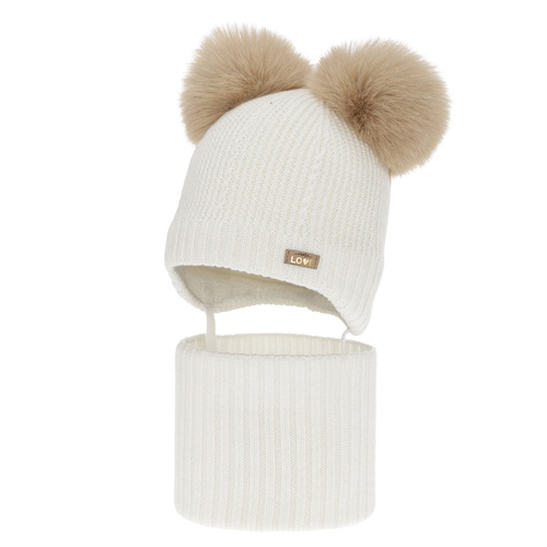 Pige hue og halsedisse, vinter sæt, hvid, 100% merinould, foret med uld fleece, Lumia