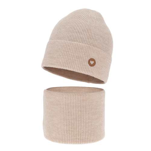 Pige efterår/forår sæt hue og halsvarmer, beige, 100% Merino uld, Brook
