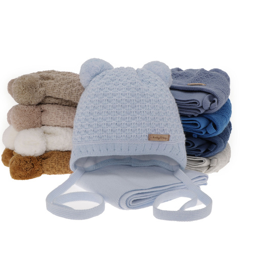 Dreng vintersæt: hue og tørklæde, camel, med to pomponer (garn), med bindebånd, Franki