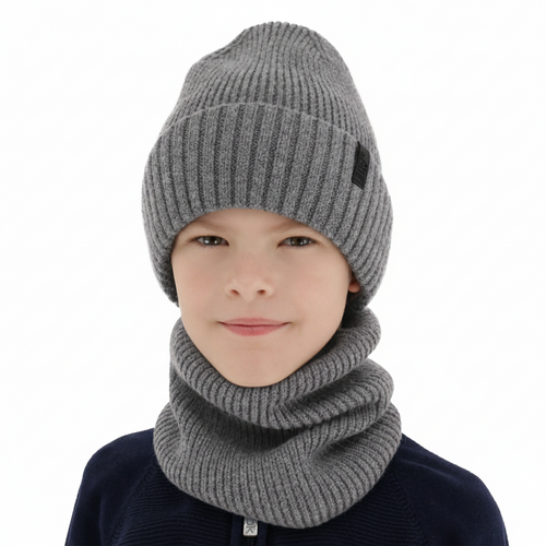 Dreng vintersæt: hue og halsvarmer, 100% Merino Uld, foret med merinould, grå Harbin