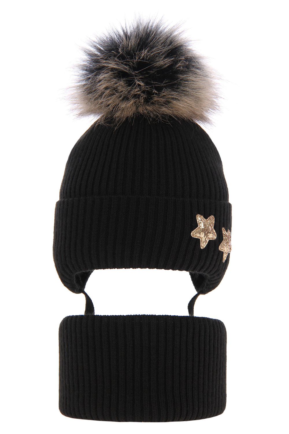 Pige vintersæt: hue og halsrør, sort, med bindebånd, med garn pompon, Delicja