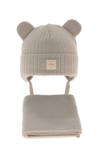 Pige vintersæt: hue og tørklæde, beige, med bindebånd, Antola