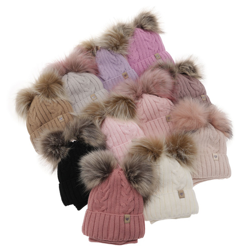 Pige vintersæt: hue og halsrør, pink, med to pomponer (garn), Amala