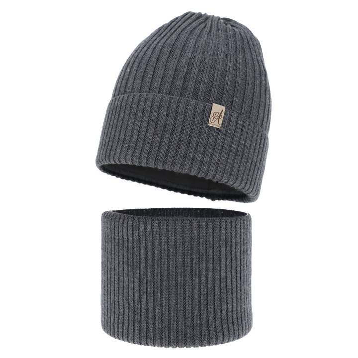 Pige vintersæt: hue og halsvarmer, mørkegrå, 100% Merino Uld, Patricia