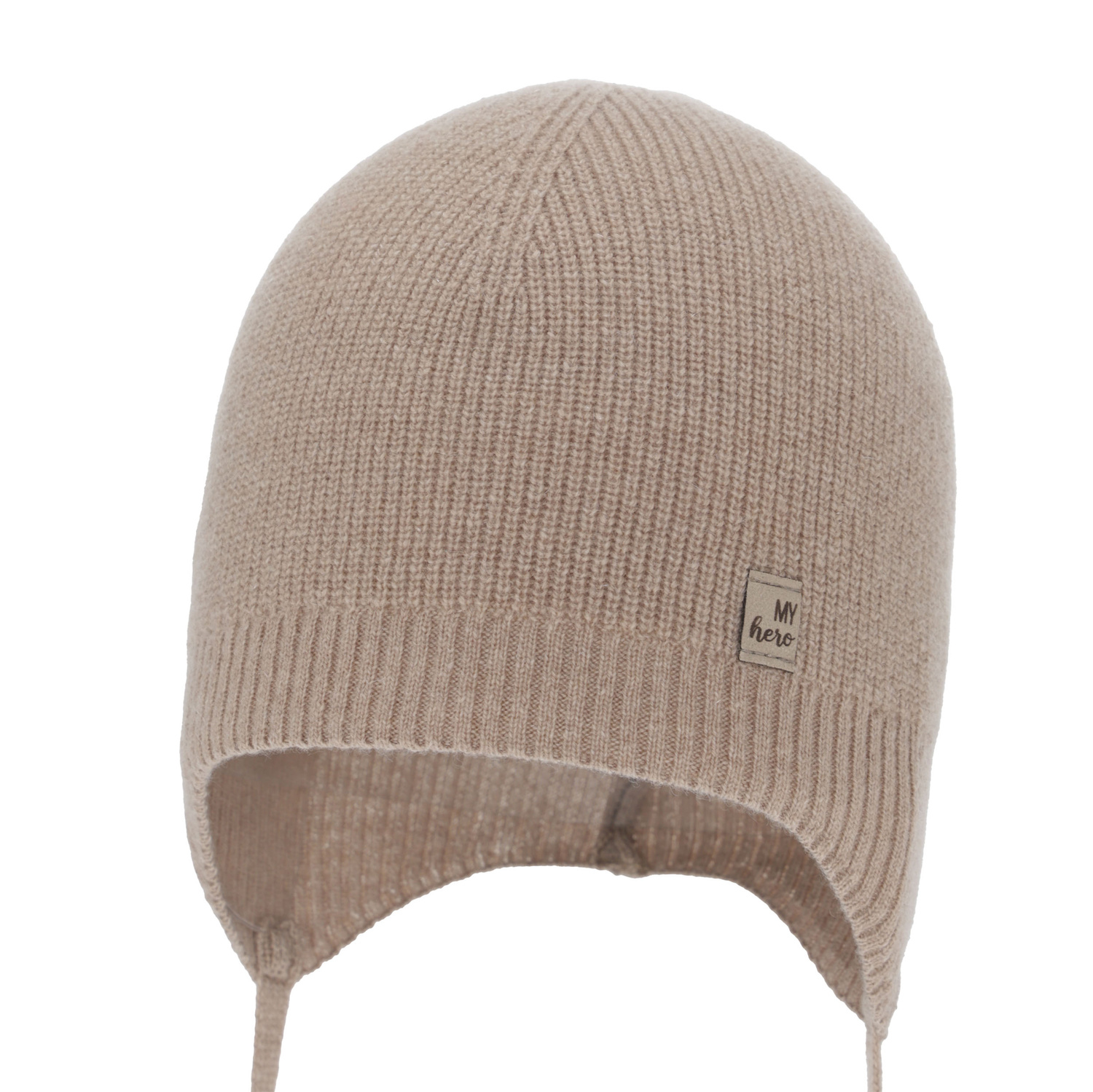 Dreng efterår/forår hue, mørkebeige, merino uld med kashmir, med bindebånd, Tono