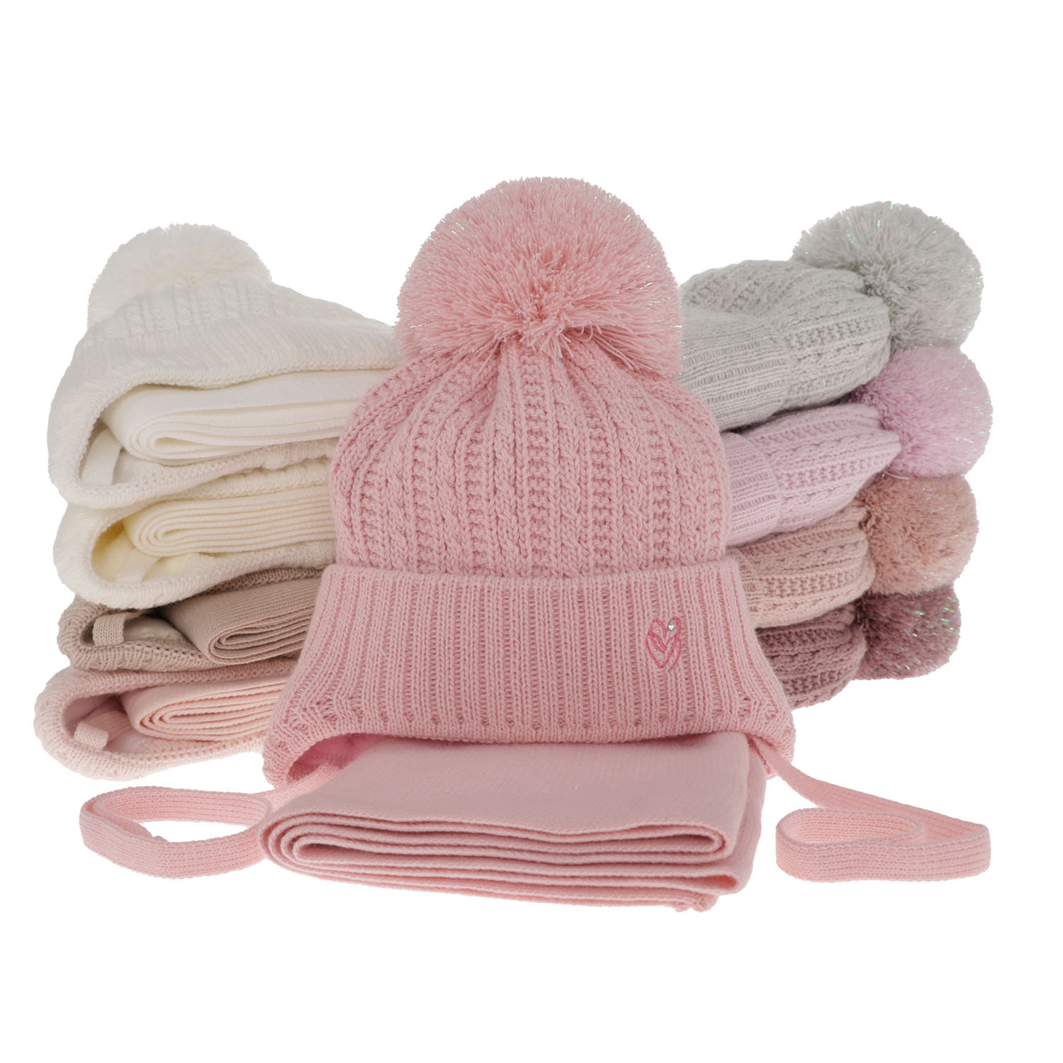 Pige vintersæt, pink, med garn pompon, med bindebånd, Marisa