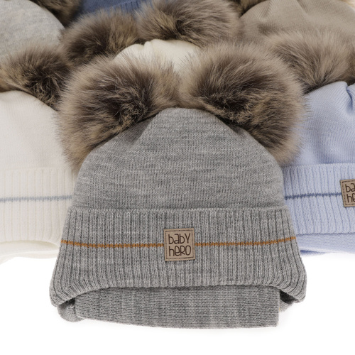 Dreng vintersæt: hue og tørklæde, blå, med to pomponer (garn), med bindebånd, Melon