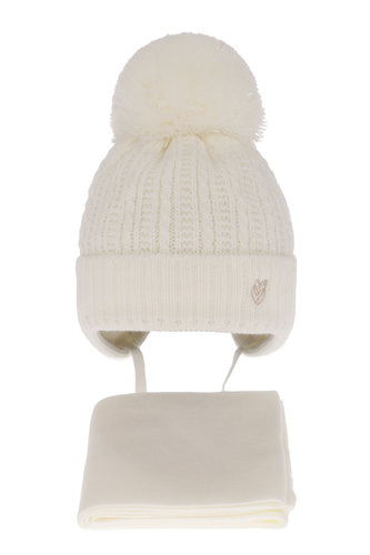 Pige vintersæt: hue og tørklæde, cremefarvet, med bindebånd, med garn pompon, Marisa