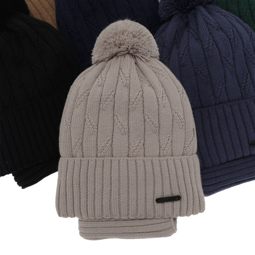 Dreng vintersæt: hue og halsrør, beige, med garn pompon, med merinould, Talar