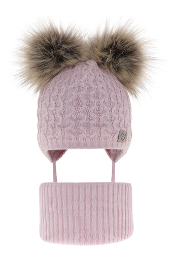 Pige vintersæt: hue og halsrør, lilac, med to pomponer, med bindebånd, Poliana