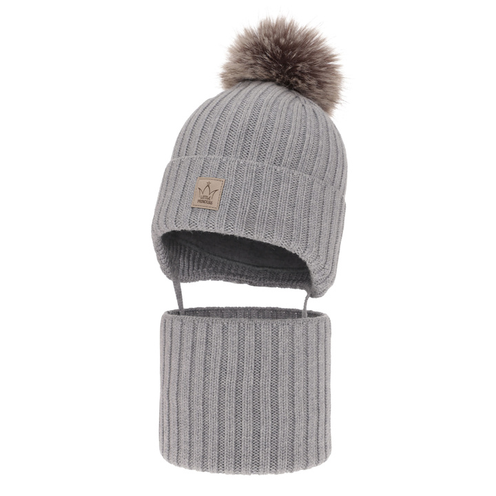 Pige vintersæt: hue og halsrør, grå, 100% Merino uld, med bindebånd, foret med merinould polarfleece, Martina