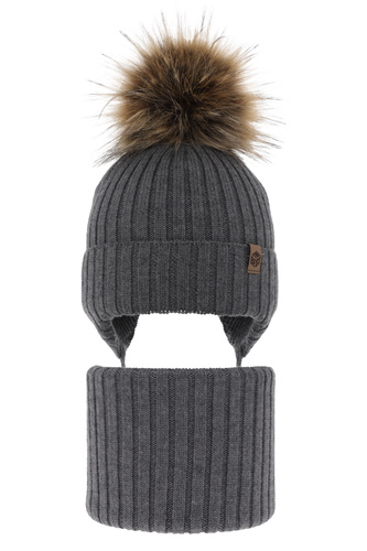 Dreng vintersæt: hue og halsvarmer, grå, med bindebånd, 100% Merino Uld, Juno