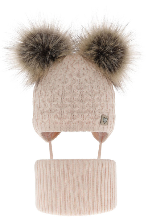 Pige vintersæt: hue og halsrør, lyserød, med to pomponer, Poliana