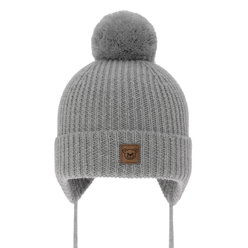 Dreng vinterhue, grå, med merinould, foret med uld, med bindebånd, Tofik