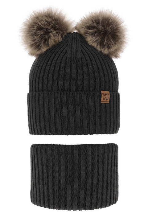 Dreng vintersæt: hue og halsrør, grå, med to pomponer, med bindebånd, Oxford