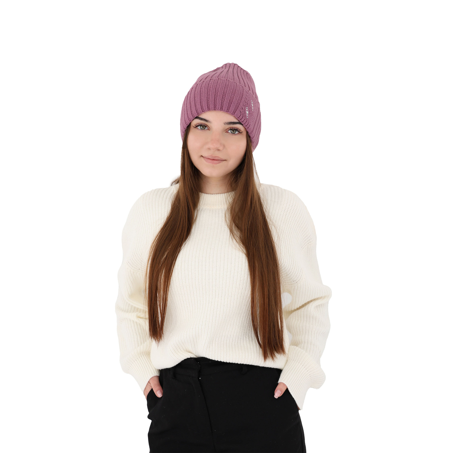 Dame vinterhue, vinter, lilla, Med merinould, Ariga