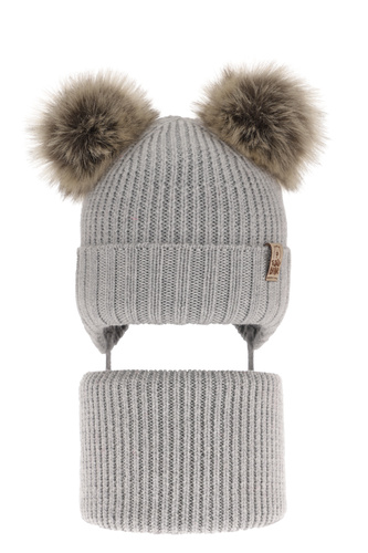 Dreng vintersæt: hue og halsvarmer, grå, med bindebånd, 100% Merino Uld, Konor