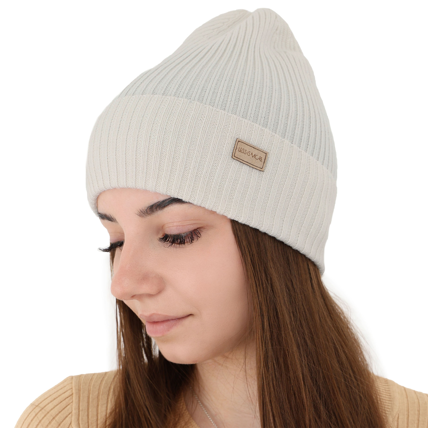 Dame vinterhue, mørk beige, med merinould, Sophie