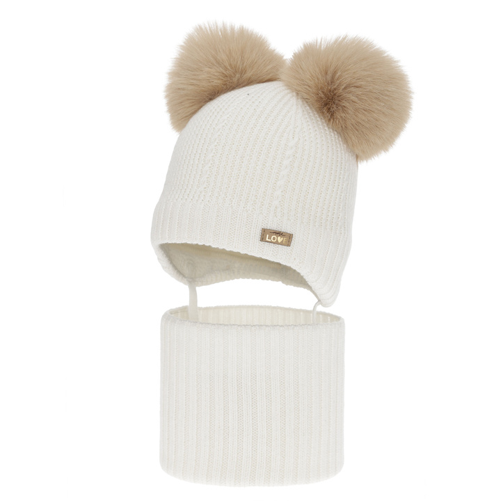 Pige hue og halsedisse, vinter sæt, hvid, 100% merinould, foret med uld fleece, Lumia