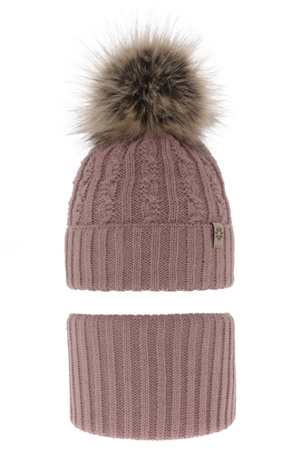 Pige vintersæt: hue og halsrør, med garn pompon, wrzosowy, Pretoria