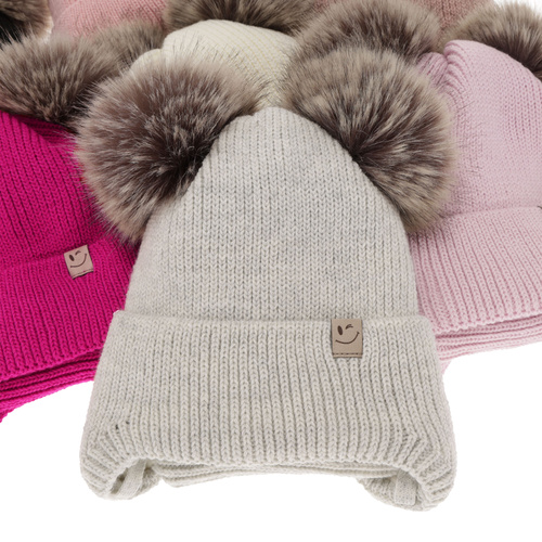 Pige vintersæt: hue og halsedisse, hvid, med to pomponer, med bindebånd, Zori