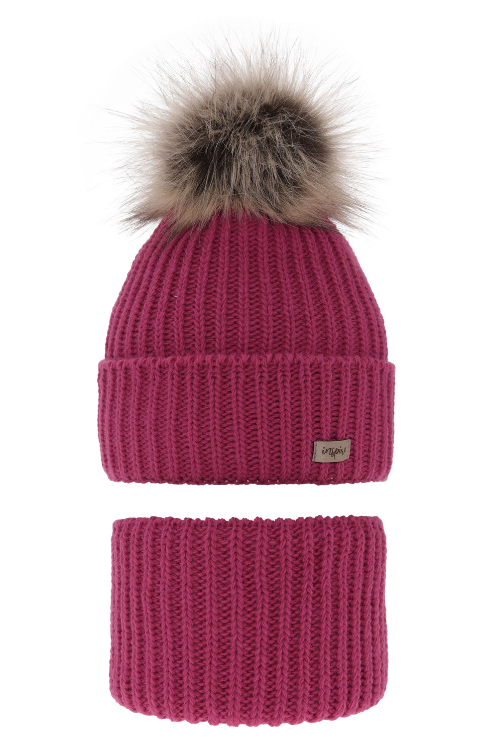 Pige vintersæt: hue og halsrør, rosa, med garn pompon, Willow