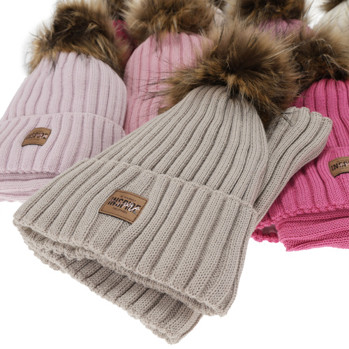 Pige vintersæt (hue og halsvarmer), kremowy, foret med fleece, med merinould, Bellina