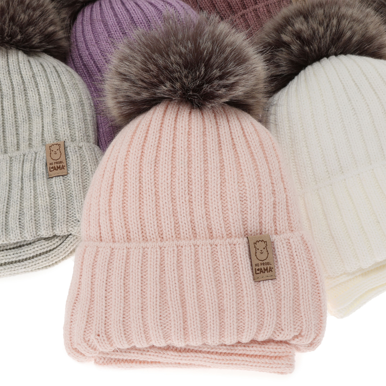 Pige vintersæt: hue og halsrør, beige, med garn pompon, Abigail