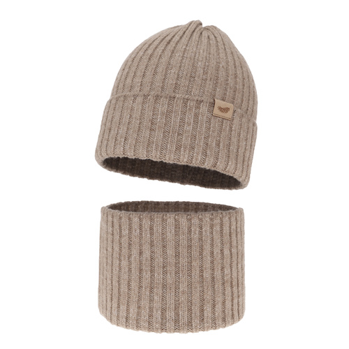 Pige vintersæt: hue og halsvarmer, beige, med merinould, Karmina