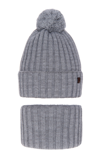 Dreng vintersæt: hue og halsrør, grå, med garn pompon, Wiliam