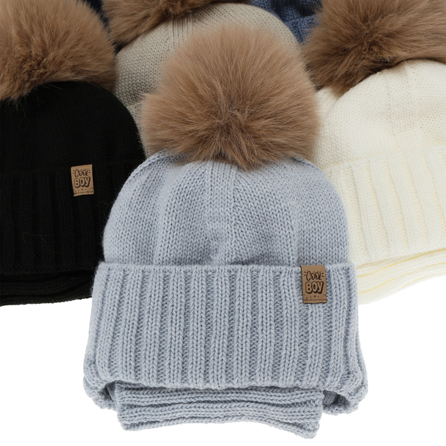 Dreng vintersæt: hue og halsrør, beige, med garn pompon, Talens