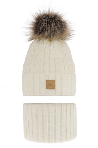 Pige vintersæt: hue og halsrør, cremefarvet, med garn pompon, Alexia
